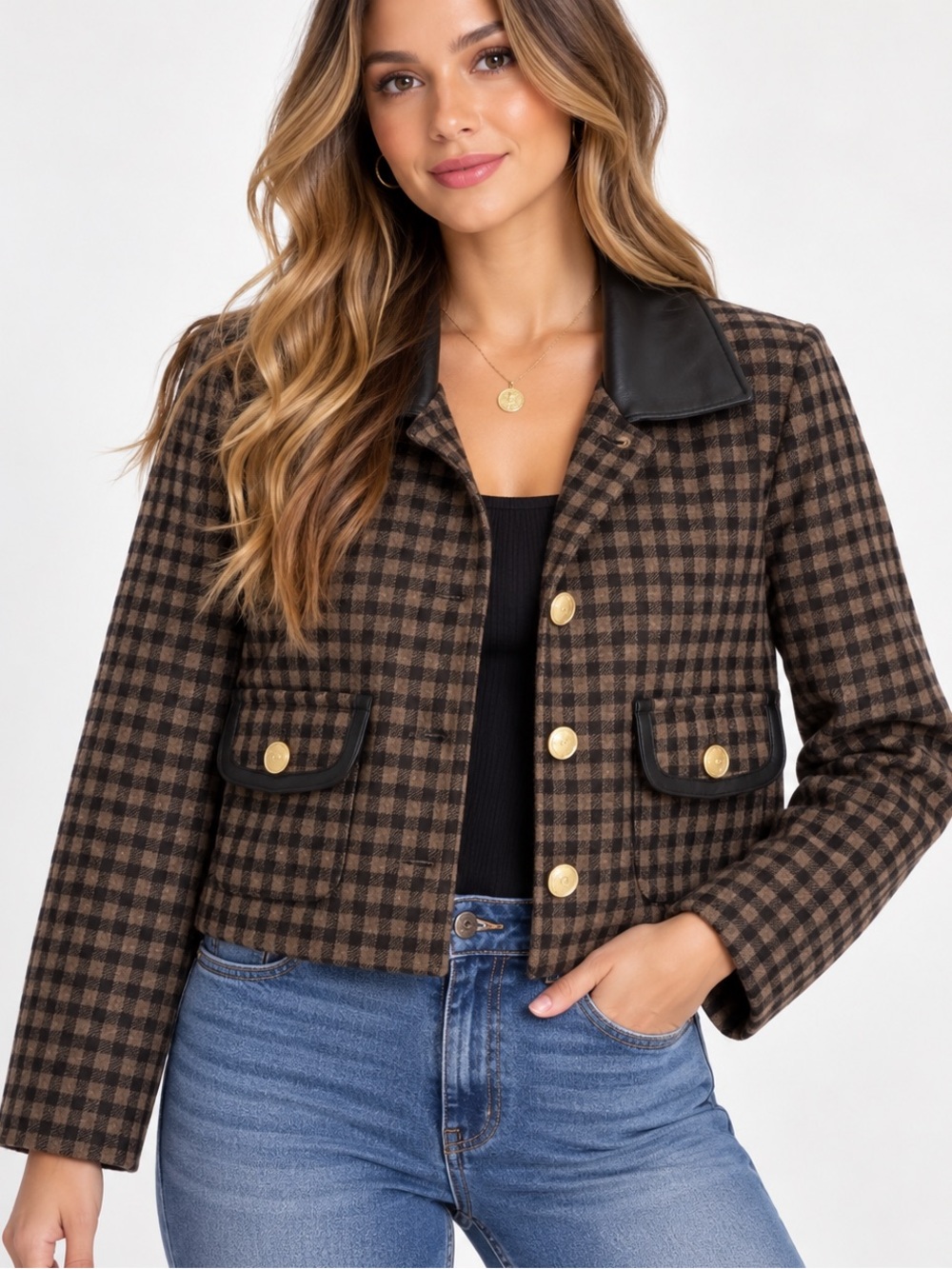 109.New Brown Gingham Button-Front Crop Jacket with Leather Collar